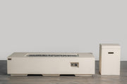 Lorvano fire table in cream with linear flame and matching square tank cover