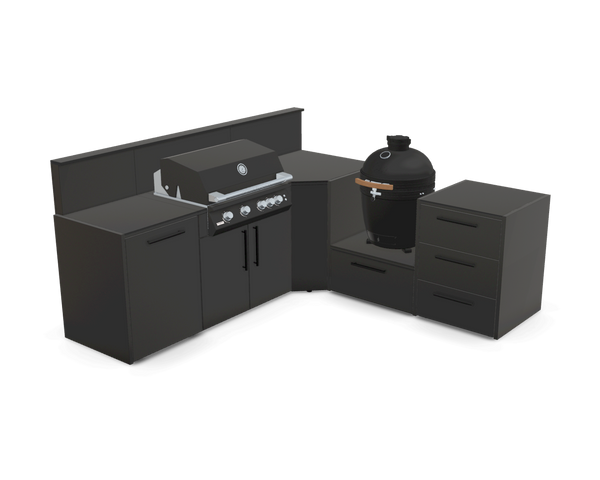 Black L-shaped outdoor kitchen on a white background
