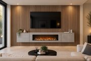 Alusia floating media wall with an inset electric fire below a TV, against smoked oak slatted wall panels