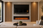 Cascada media wall with a TV recess and inset electric fire between natural oak reeded wall panels