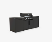 Black outdoor grill with cabinets on a white background